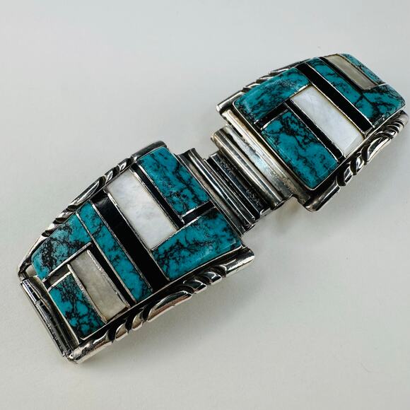 Zuni Sterling Silver, Turquoise and Mother of Pearl Watch Band Tips - Picture 1 of 8